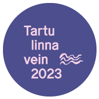 Valgel taustal lilla embleem roosa kirjaga. Tartu linna vein konkursi 2023 tunnustusembleem.