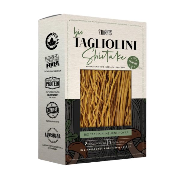 Bio shiitake seentega tagliolini pasta pakend valgel taustal