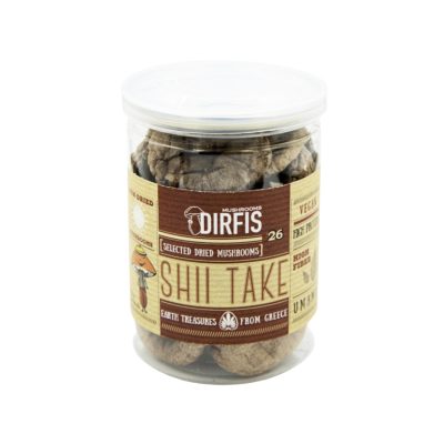 Kuivatatud shiitake seentega klaaspurk 25 g valgel taustal