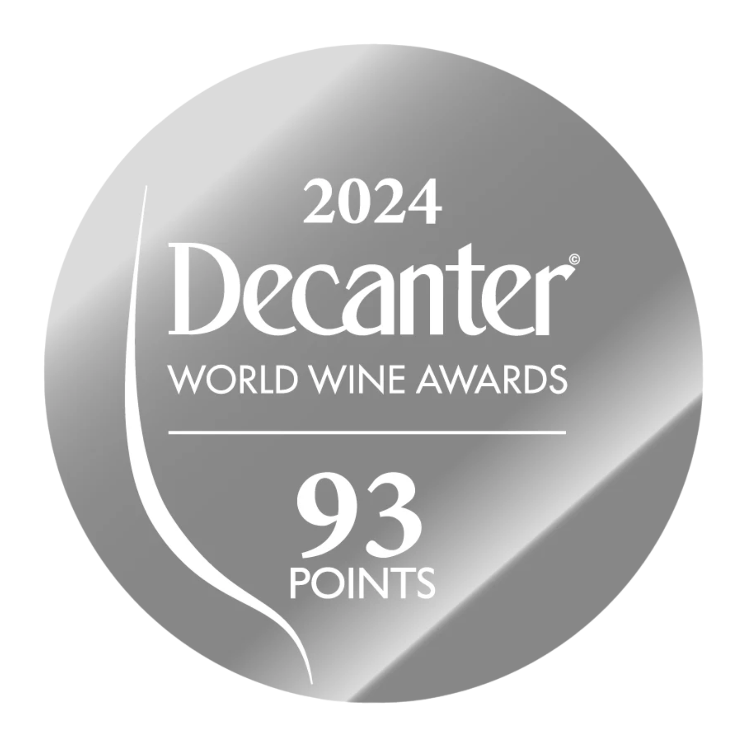 Decanter 2024 veinikonkursi ümmargune auhinnaline hõbeikoon. Ikoonil on kirjas 2024 Decanter World Wine Awards. 93 points.